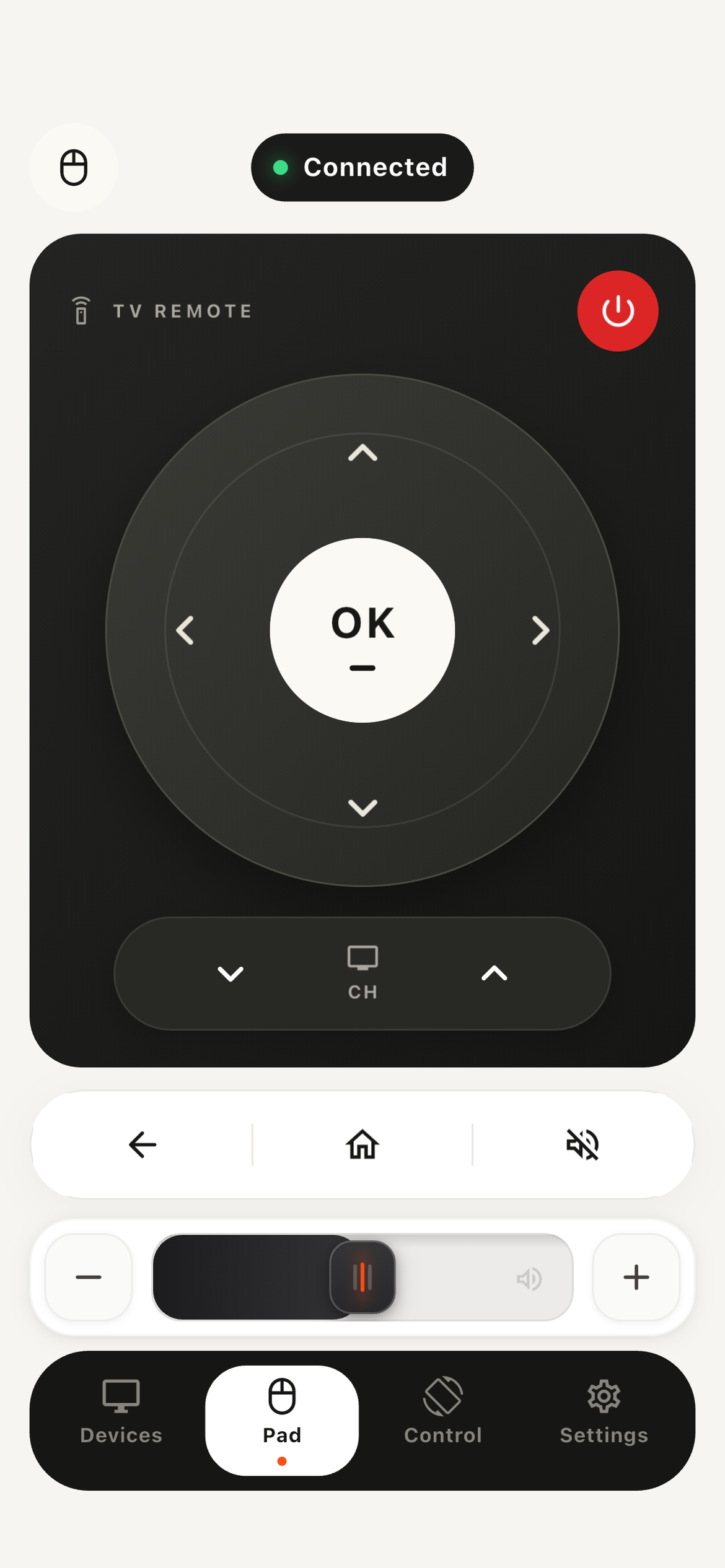 Moute TV remote: direction, channel, volume and power controls